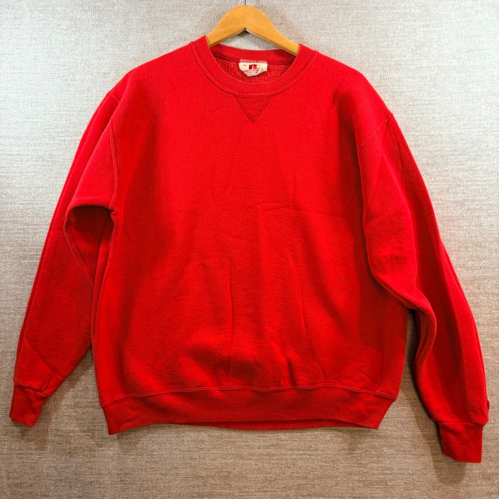 Vintage Russell Athletic Red Crewneck Sweatshirt XL Made USA Sportswear V-Notch